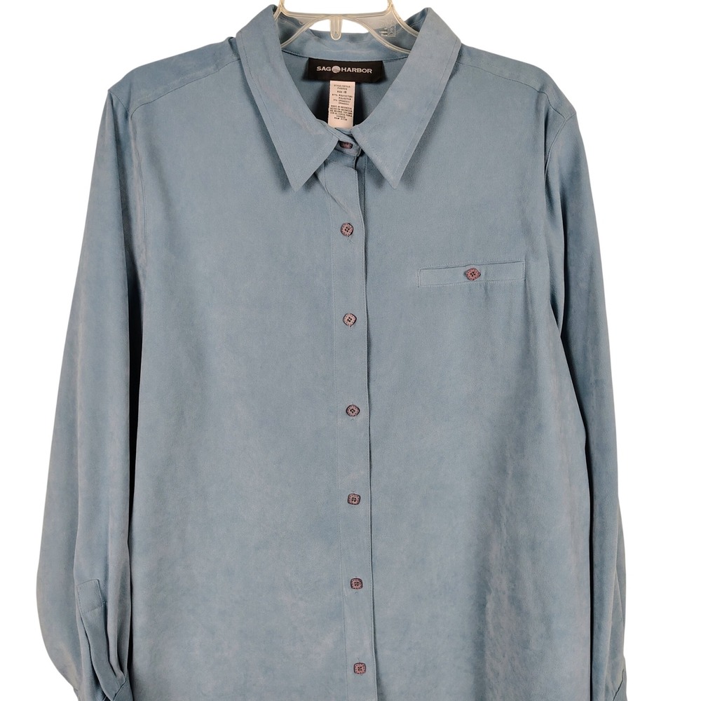 Sag Harbor Womens SZ 18 Faux Suede Button Down Shirt Blue Coastal Grandma